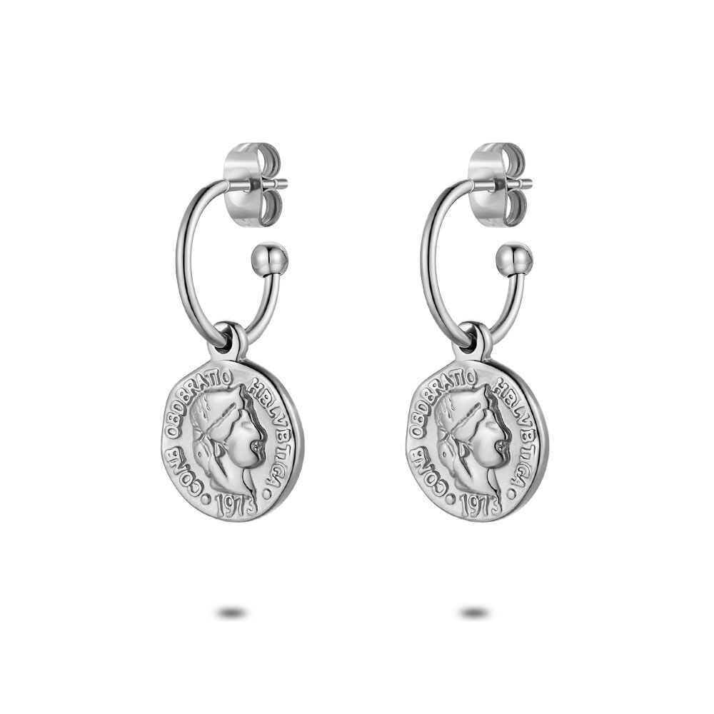 Stainless Steel Earrings, Hoop Earrings With Coin