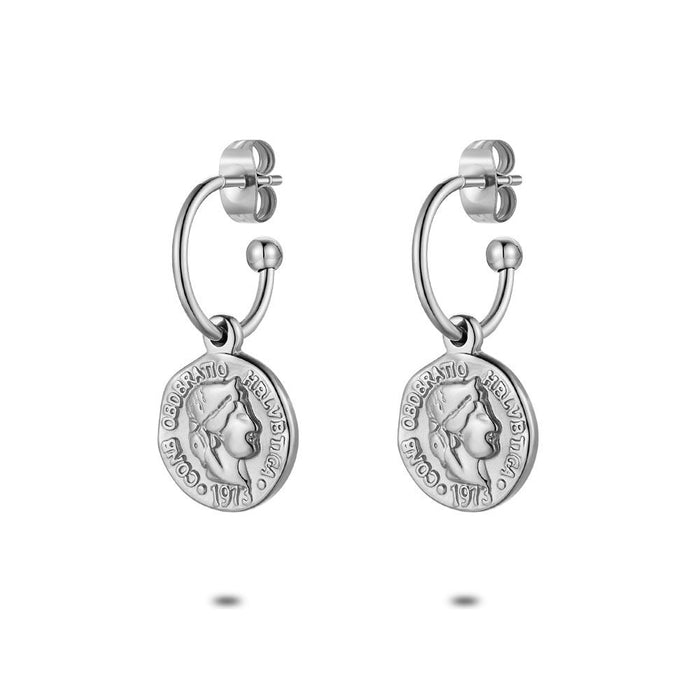 Stainless Steel Earrings, Hoop Earrings With Coin