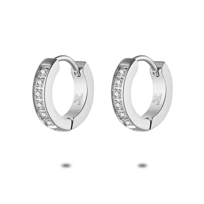 Stainless Steel Earrings, Hoop Earrings, 13 Mm, White Crystals