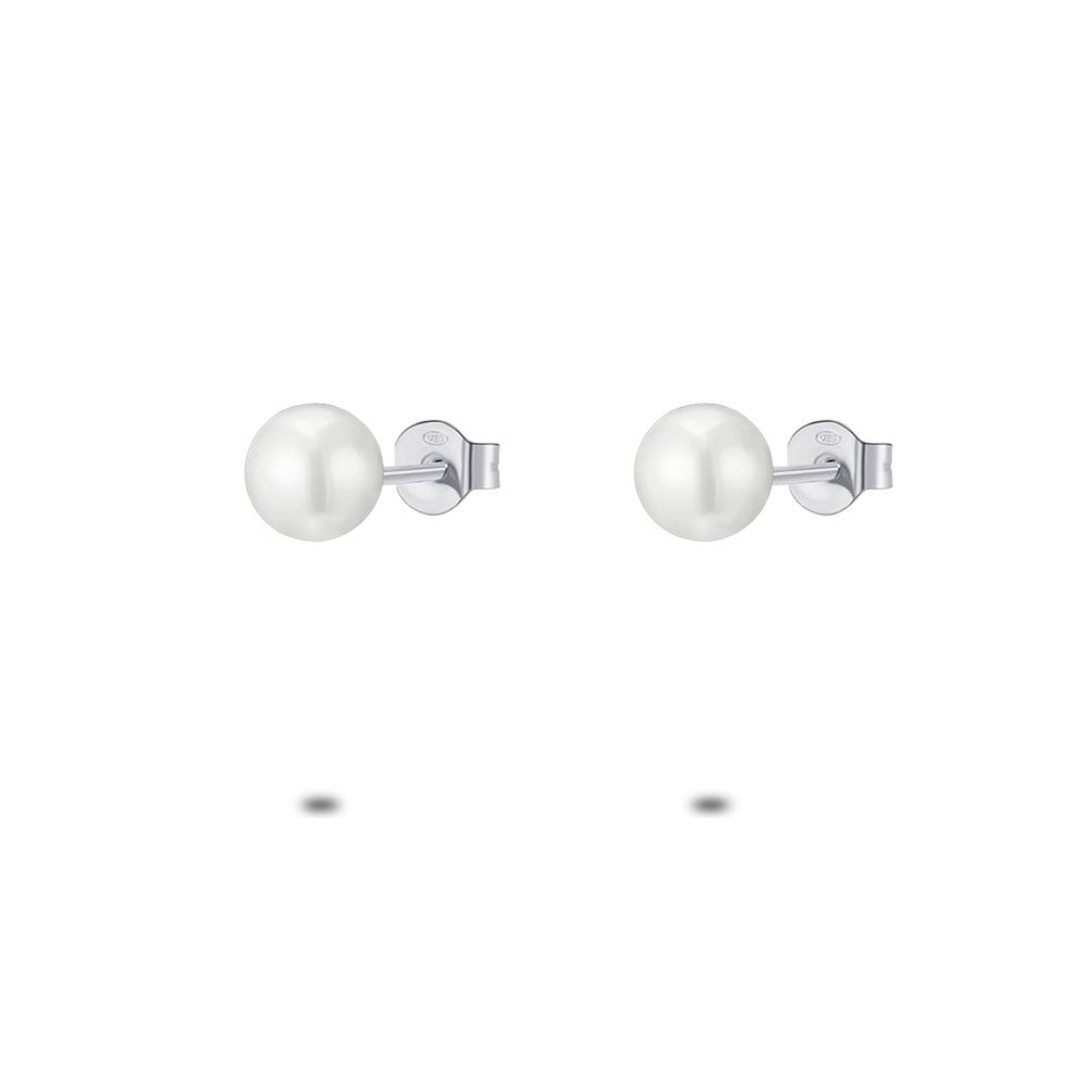 Silver Earrings, Pearl, 6 Mm