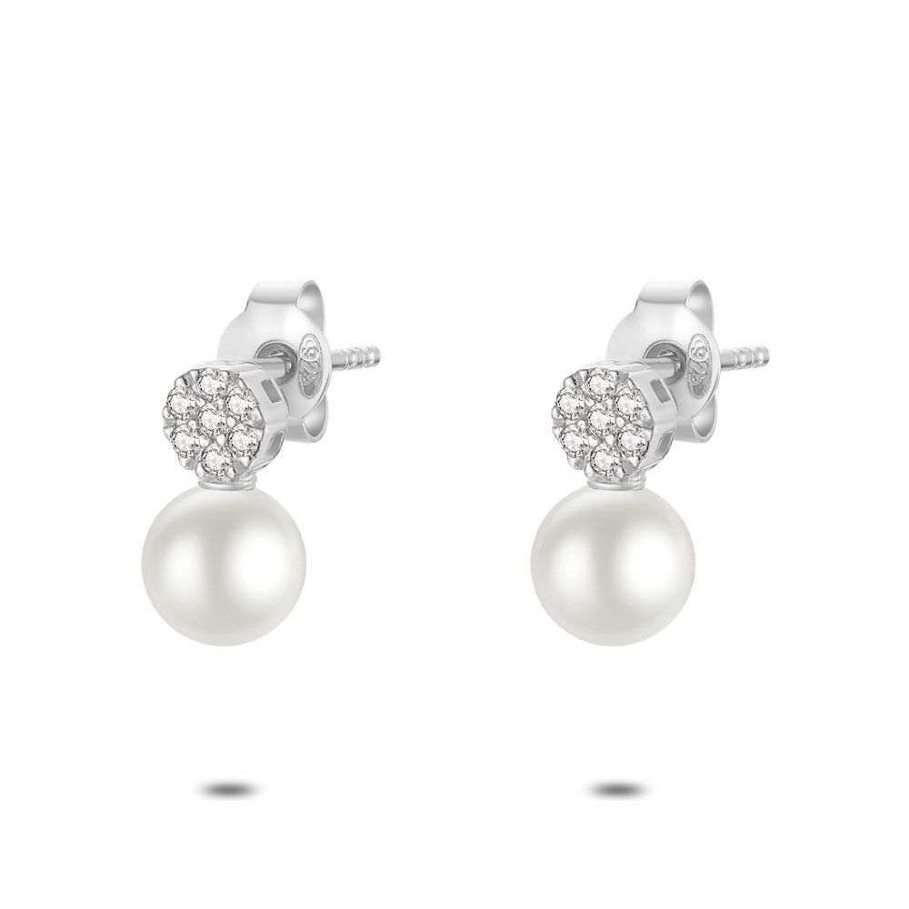 Silver Earrings, Flower With Zirconia, Pearl