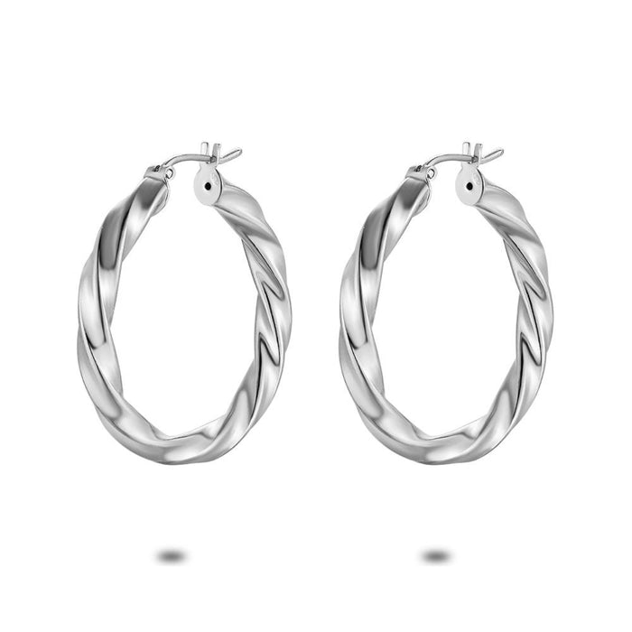 Silver Earrings, Hoop Earrings, Twisted, 30 Mm