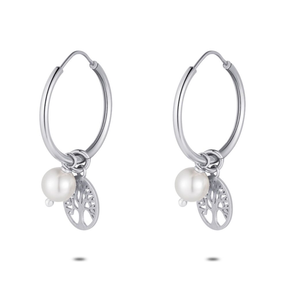 Silver Earrings, Hoop With Pearl And Tree Of Life