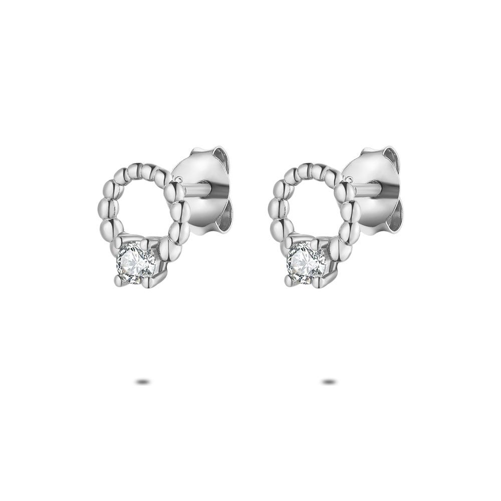 Silver Earrings, Dotted Circle, 1 Zirconia