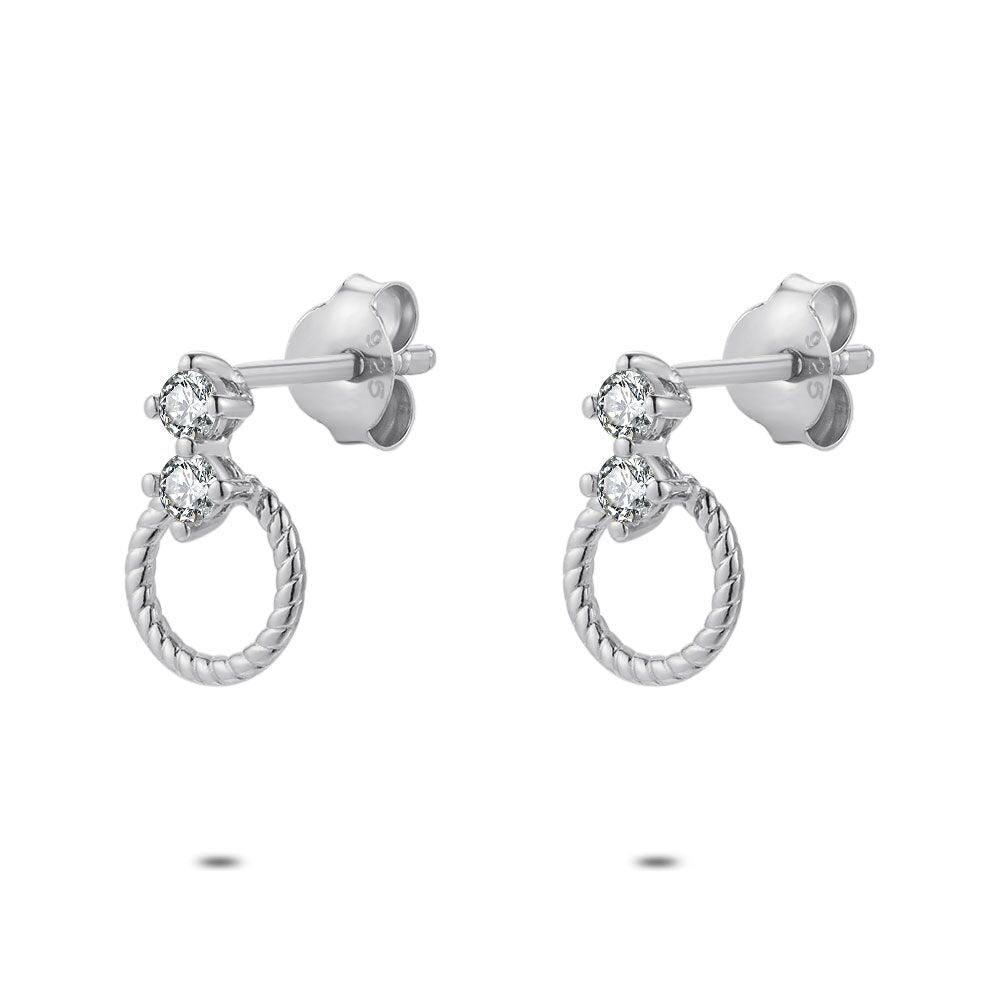 Silver Earrings,  Hammerd Circle, 2 Zirconia