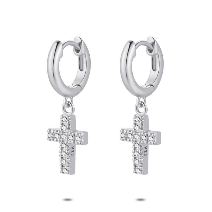 Silver Earrings, Earring With Cross, Zirconia