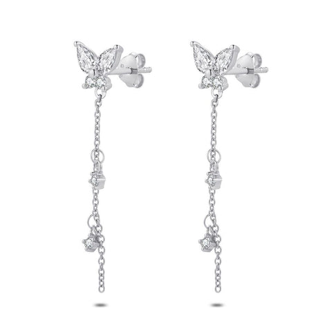 Silver Earrings, Butterfly, Fine Chain, Zirconia