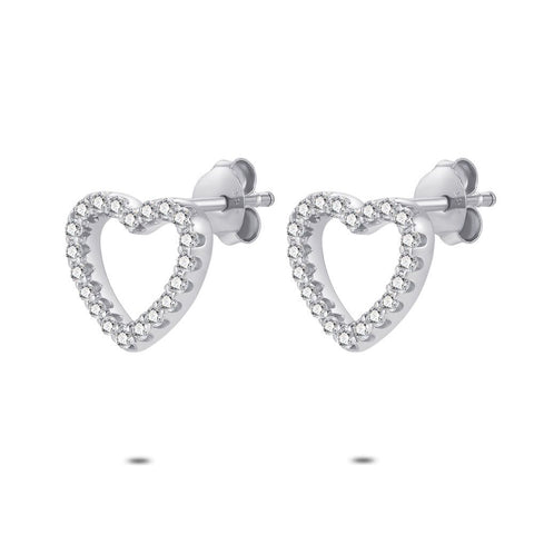 Silver Earrings, Open Heart, Zirconia