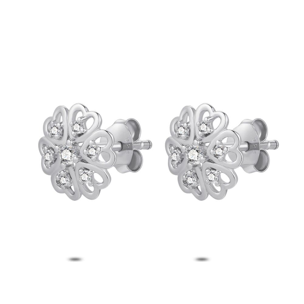 Silver Earrings, Flower, Heart, Zirconia