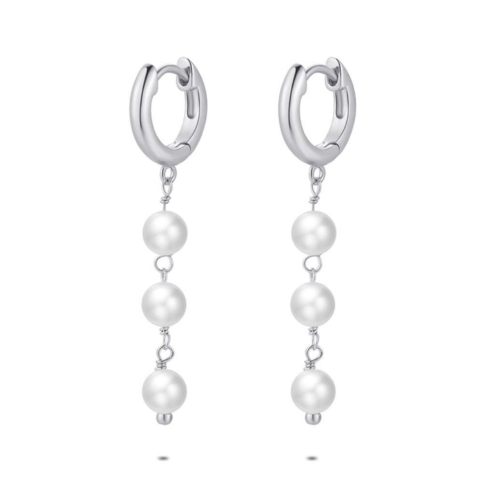 Silver Earrings, Hoops, 3 Pearls, 3 Cm