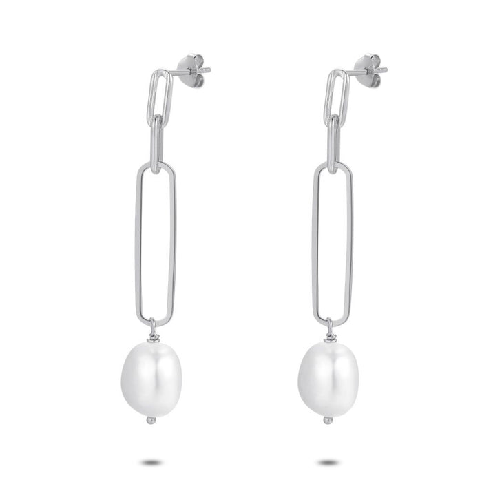 Silver Earrings, 3 Oval Links, Pearl, 5.5 Cm
