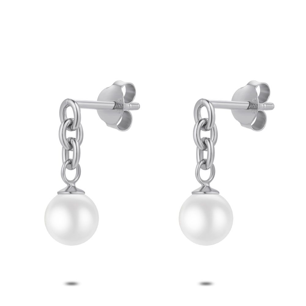 Silver Earrings, Hanging Pearl, 15 Mm