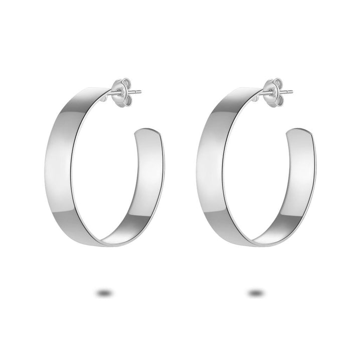 Silver Earrings, Flat Hoop Earring, 30 Mm