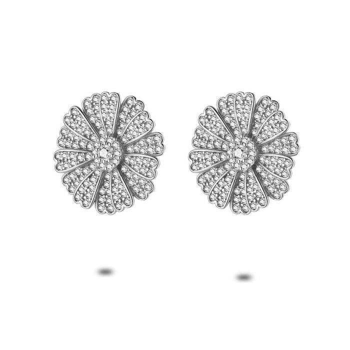 Silver Earrings, Large Flower, Zirconia