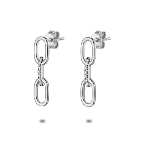 Silver Earrings, 2 Open Ovals, Bar With Zirconia