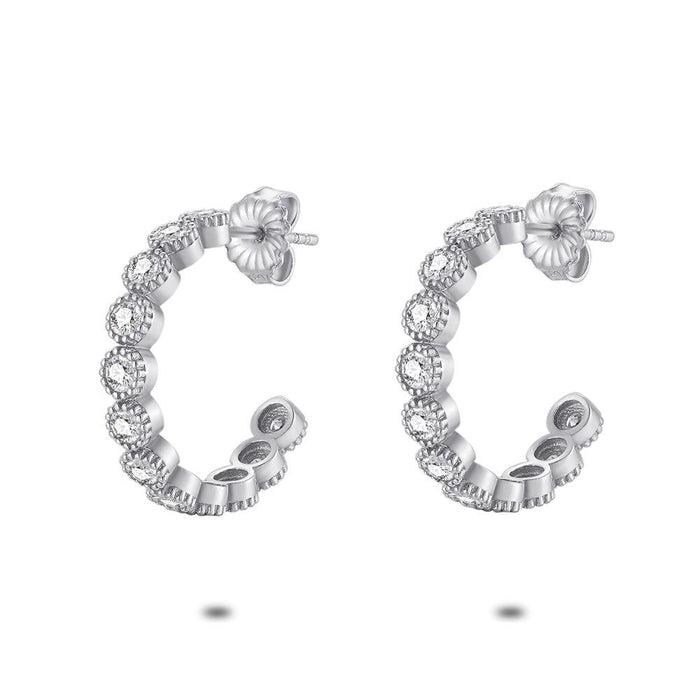 Silver Earrings, Open Hoops, 12 Zirconia