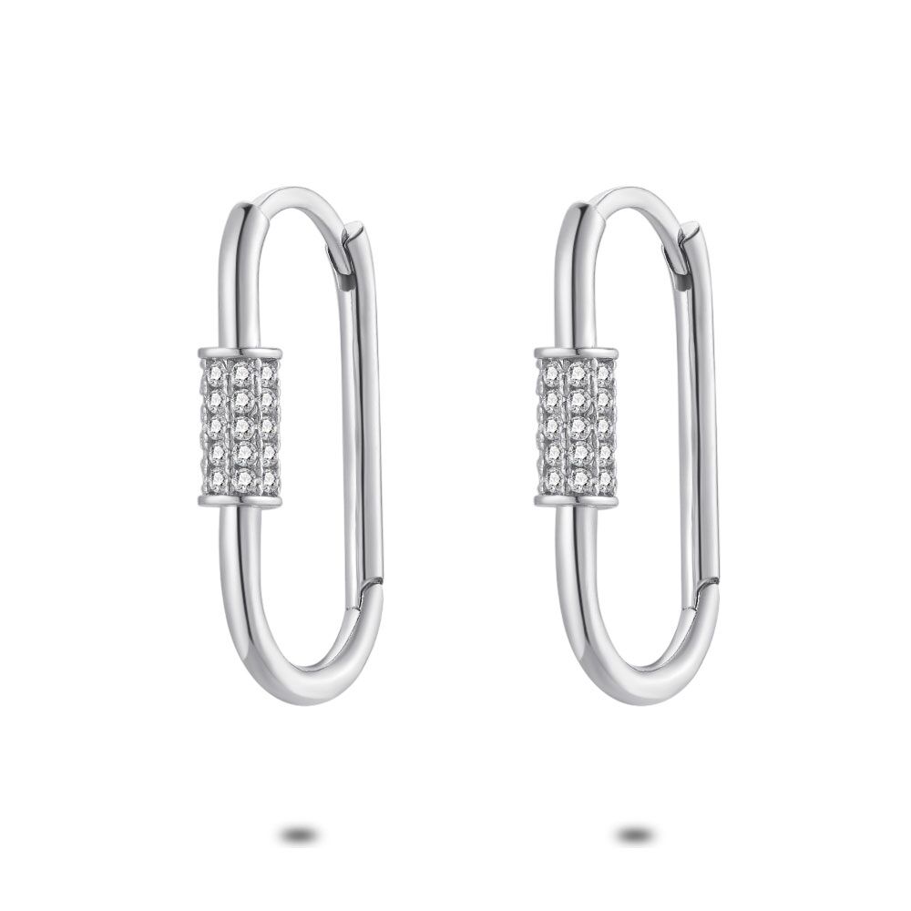 Silver Earrings, Oval Hoops, Zirconia
