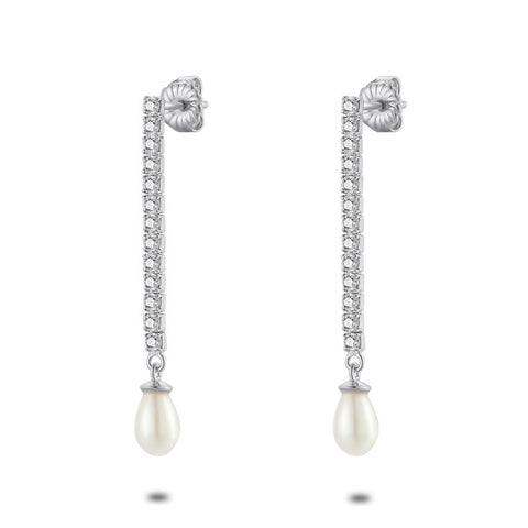Hanging Silver Earrings, 13 Zirconia And Pearl, 4 Cm