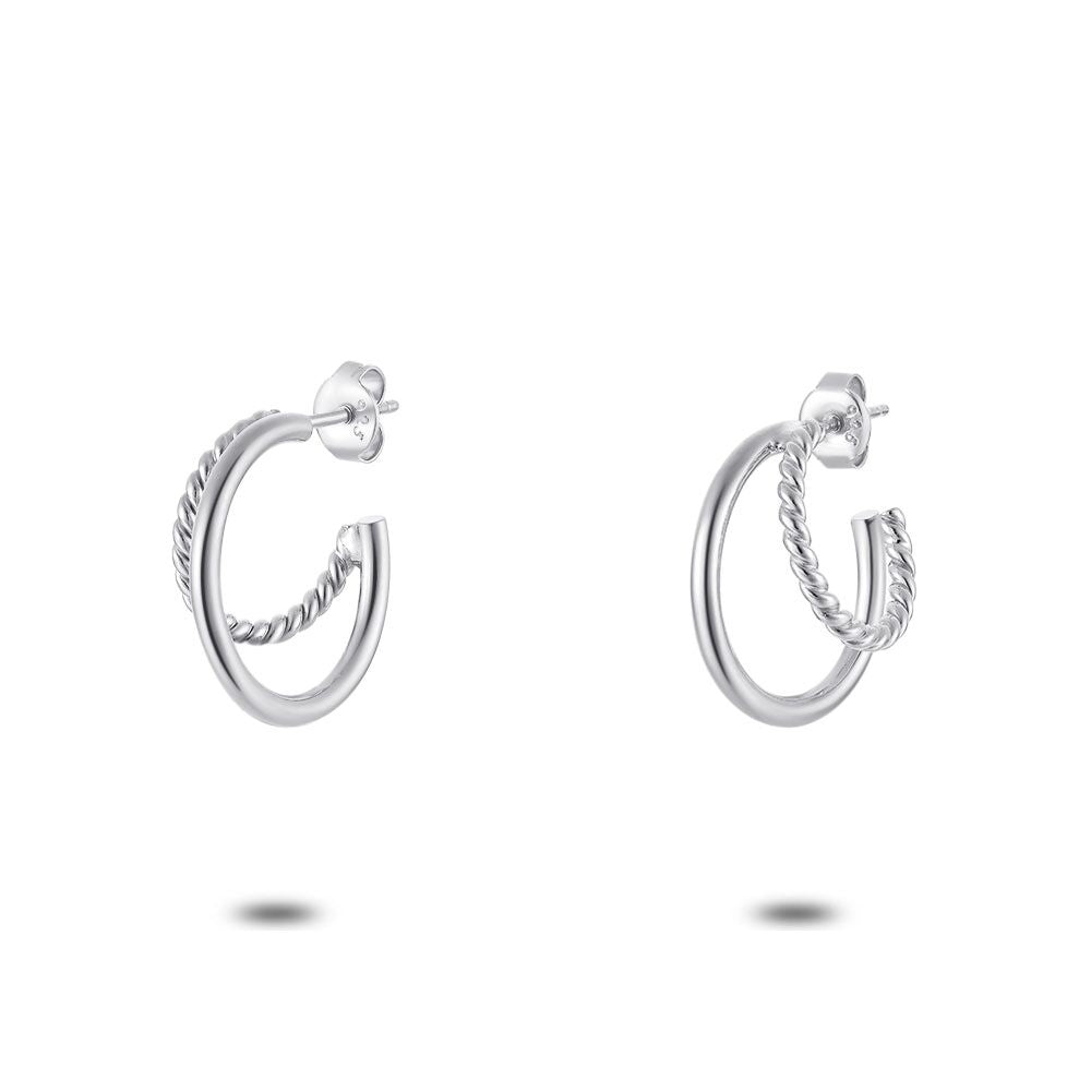Silver Earring, Double Earring, Twisted And Solid Big Earring