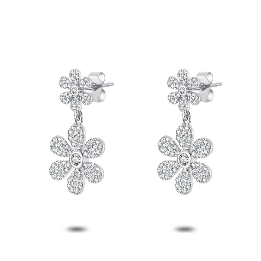 Silver Earrings, Dangling Flower With Zirconia