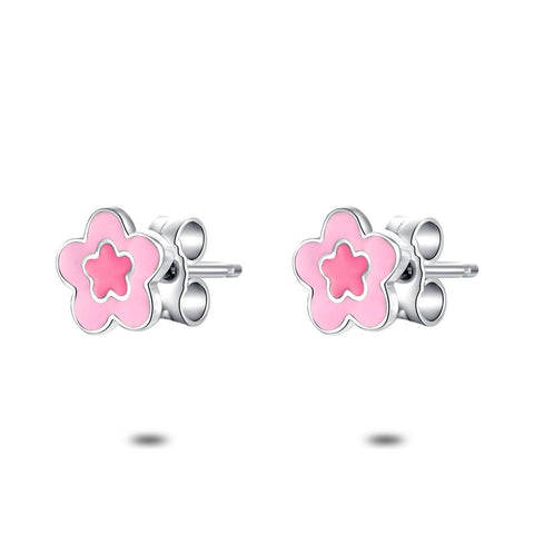 Silver Earrings, Pink Flower