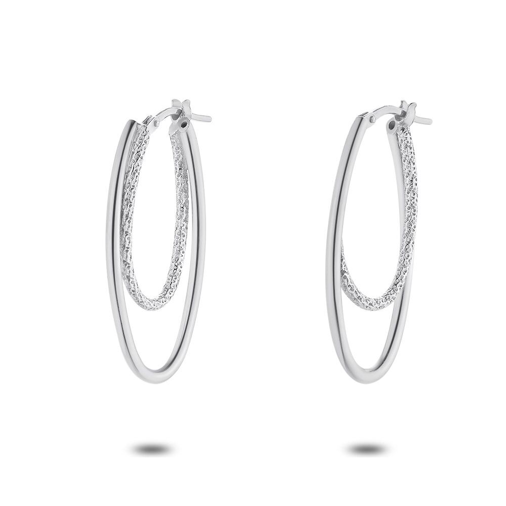 Silver Earrings, Double Hoops, Plain And Hammered