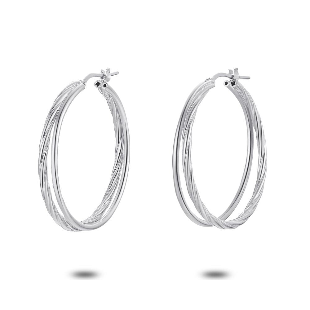 Silver Earrings, Plain, Double Hoops, Plain And Twisted