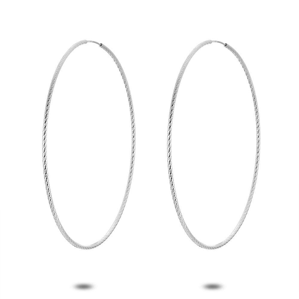 Silver Earrings, Hoop, 65 Mm, Chiseled