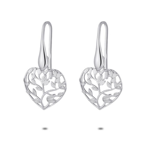 Silver Earrings, Open Hearts With Branches