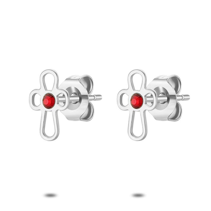 Silver Earrings, Rounded Cross, Red Crystal