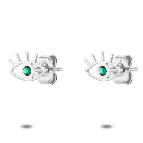 Silver Earrings, Eye, 1 Green Crystal