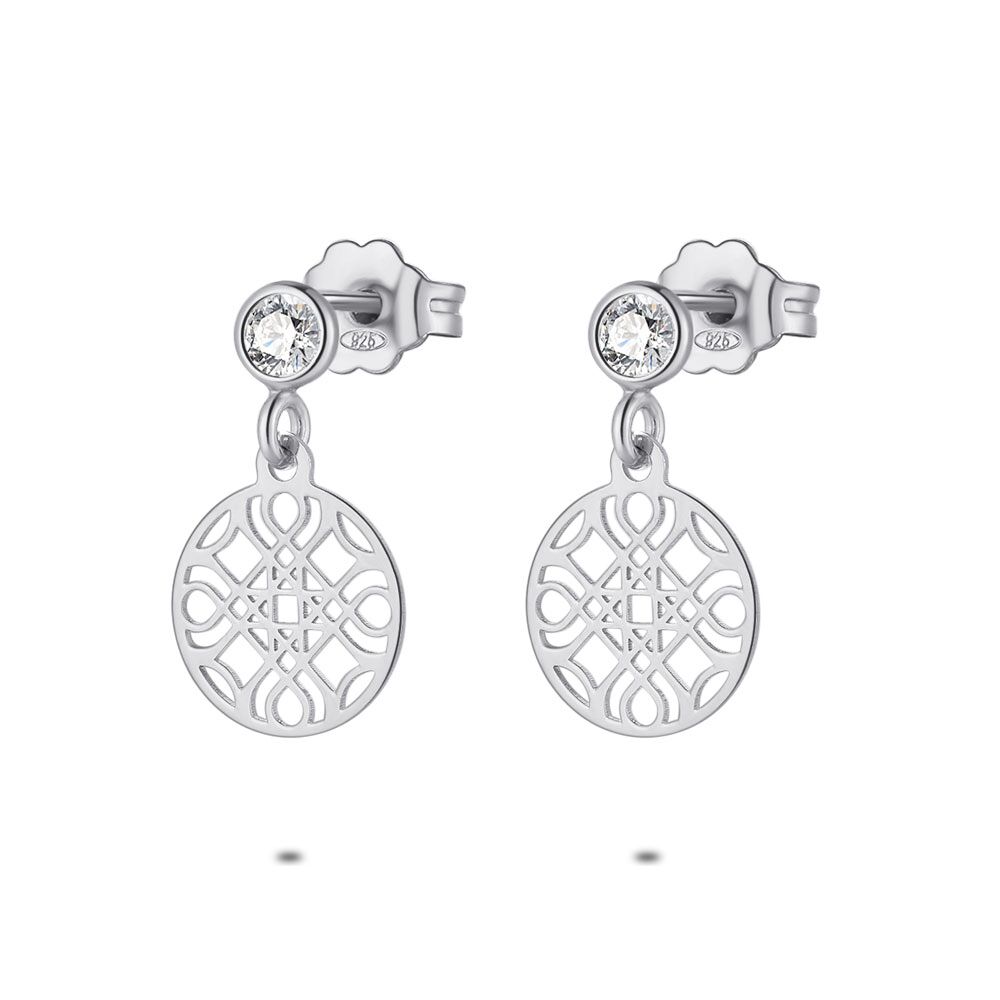 Silver Earrings, Cut-Out Circle, 1 Zirconia