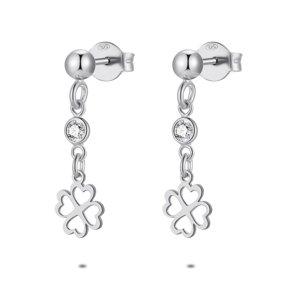 Silver Earrings, Dangling Clover, 1 Zirconia