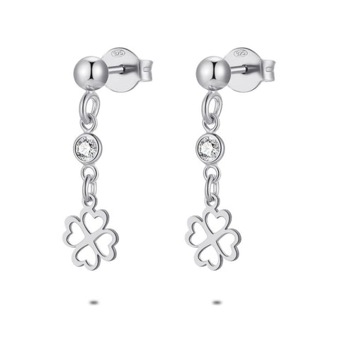 Silver Earrings, Dangling Clover, 1 Zirconia