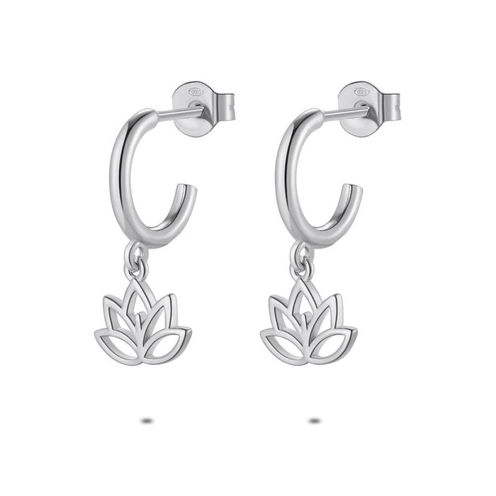 Silver Earrings, Open Hoop, Lotus Flower