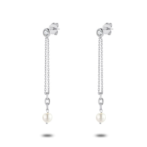 Silver Earrings, Double Chain, Zirconia, Pearl