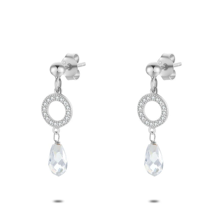 Silver Earrings, Circle With Zirconia, Drop In Crystal