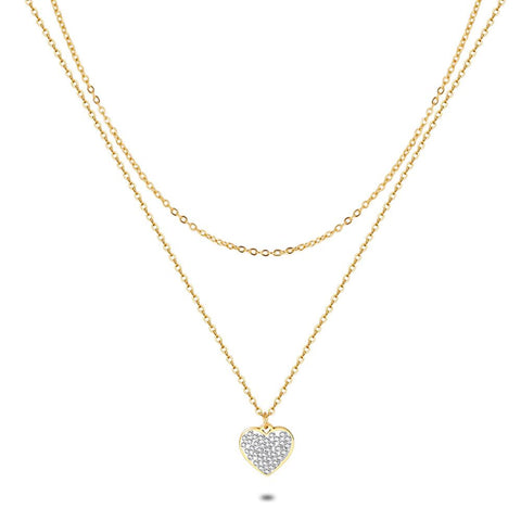 Gold Coloured Stainless Steel Necklace, Double Chain, Heart With White Crystals