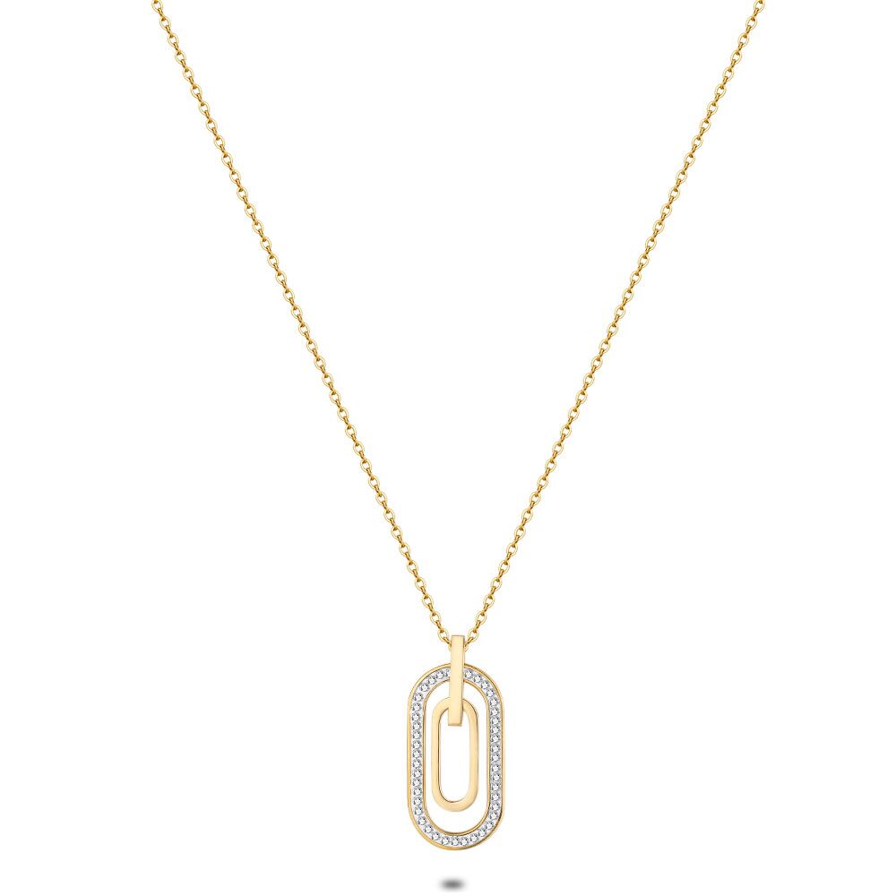 Gold Coloured Stainless Steel Necklace, 2 Open Ovals, Crystals