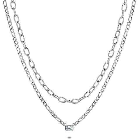 Stainless Steel Necklace, 2 Different Chains, One Crystal