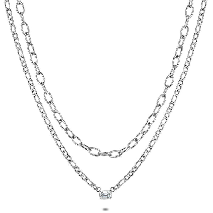 Stainless Steel Necklace, 2 Different Chains, One Crystal