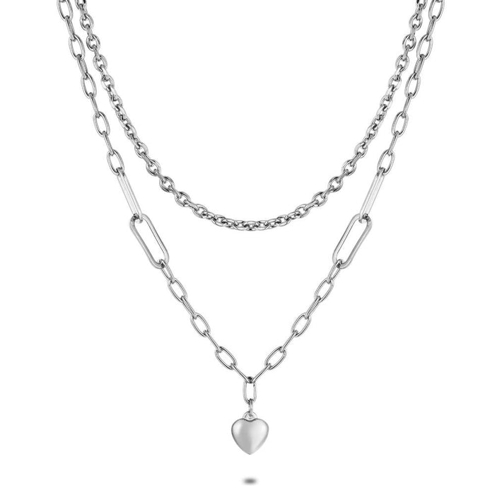Stainless Steel Necklace, 2 Different Chains, Heart