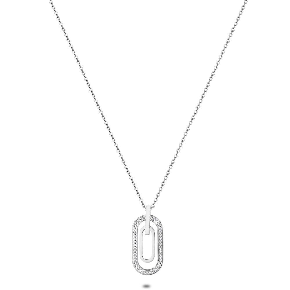 Stainless Steel Necklace, 2 Open Ovals, Crystals