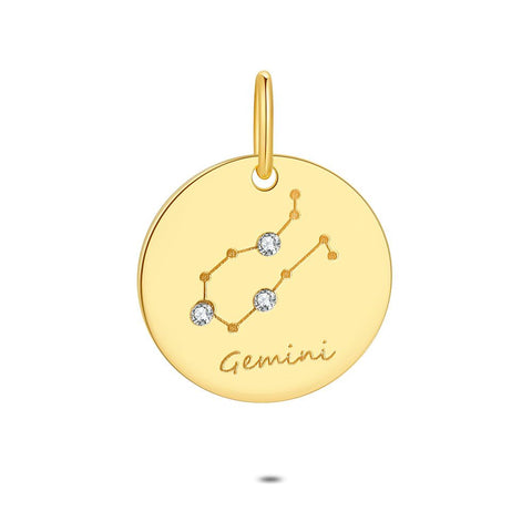 18Ct Gold Plated Silver Pendant, Round With Horoscope, Gemini
