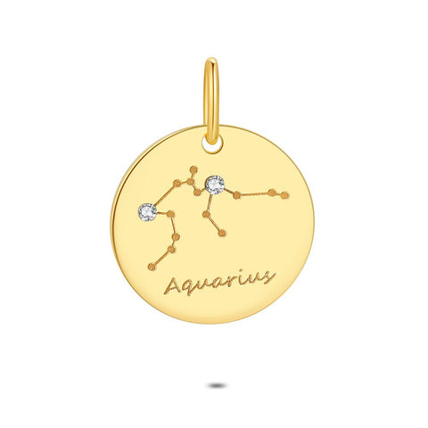 18Ct Gold Plated Silver Pendant, Round With Horoscope, Aquarius
