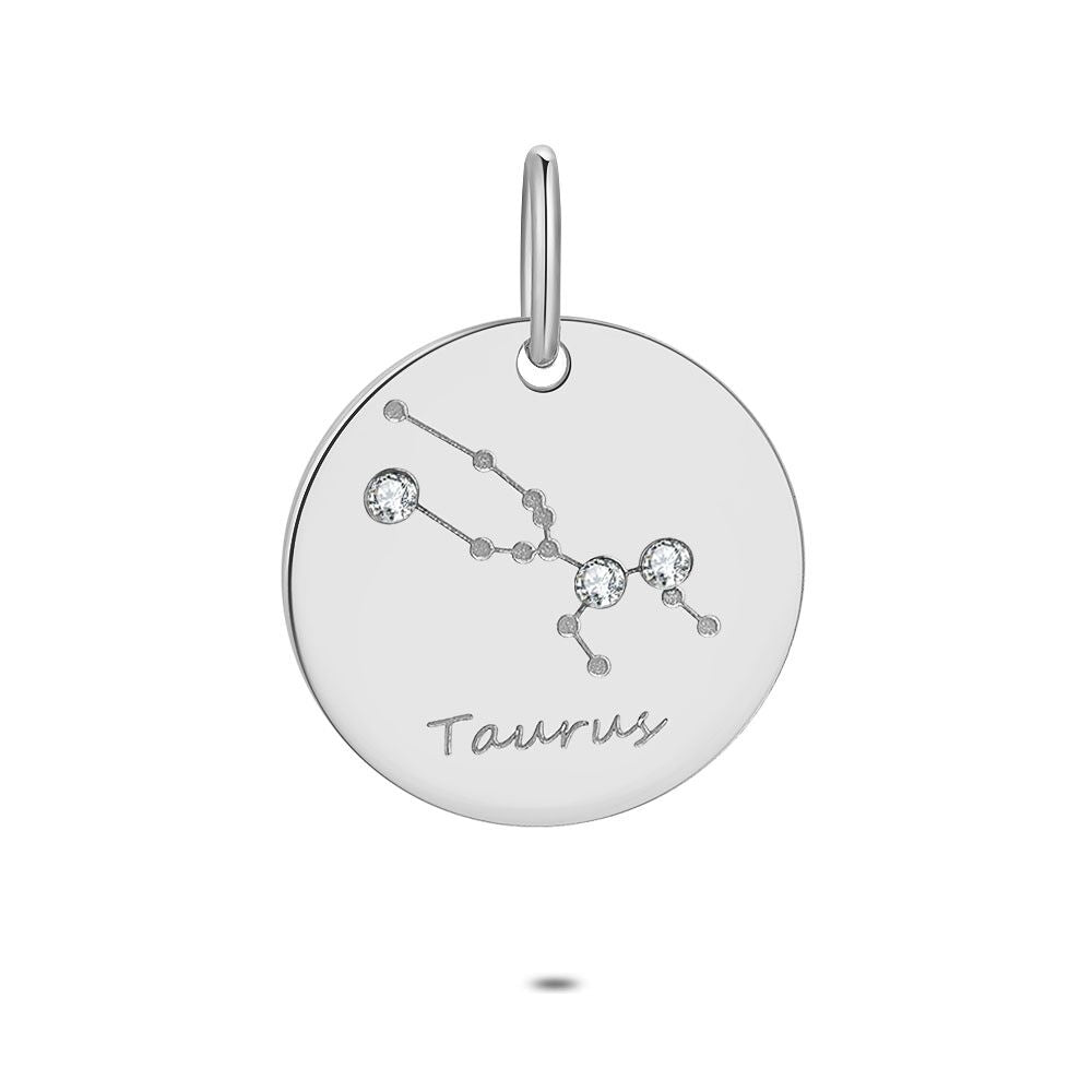 Silver Pendant, Round With Taurus Horoscope, Zirconia