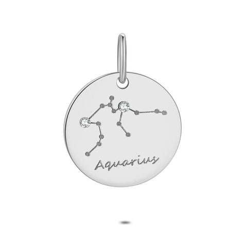 Silver Pendant, Round With Horoscope, Aquarius