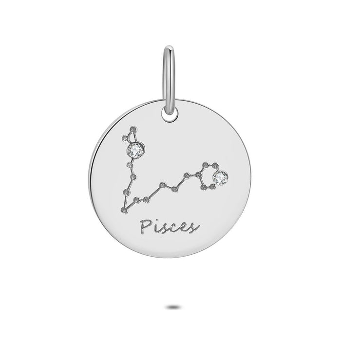Silver Pendant, Round With Horoscope, Pisces