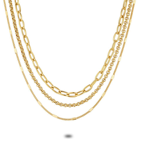 Gold Coloured Stainless Steel Necklace, 3 Chaines DiffÃ©rentes