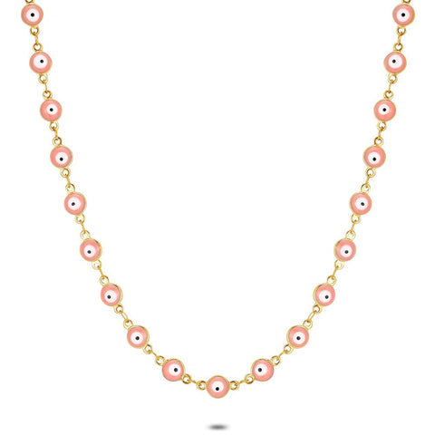 Gold Coloured Stainless Steel Necklace, Pink Eyes